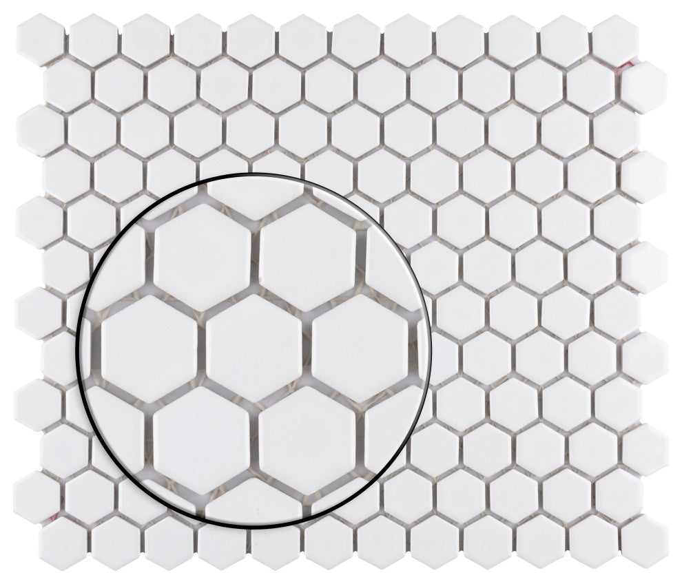 Metro 1" Hex Porcelain Mosaic Floor and Wall Tile, Glossy White