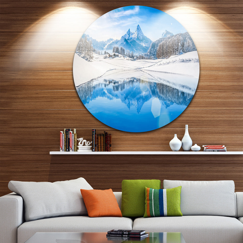Winter Mountain Lake In Alps, Landscape Photo Disc Metal Wall Art, 11"