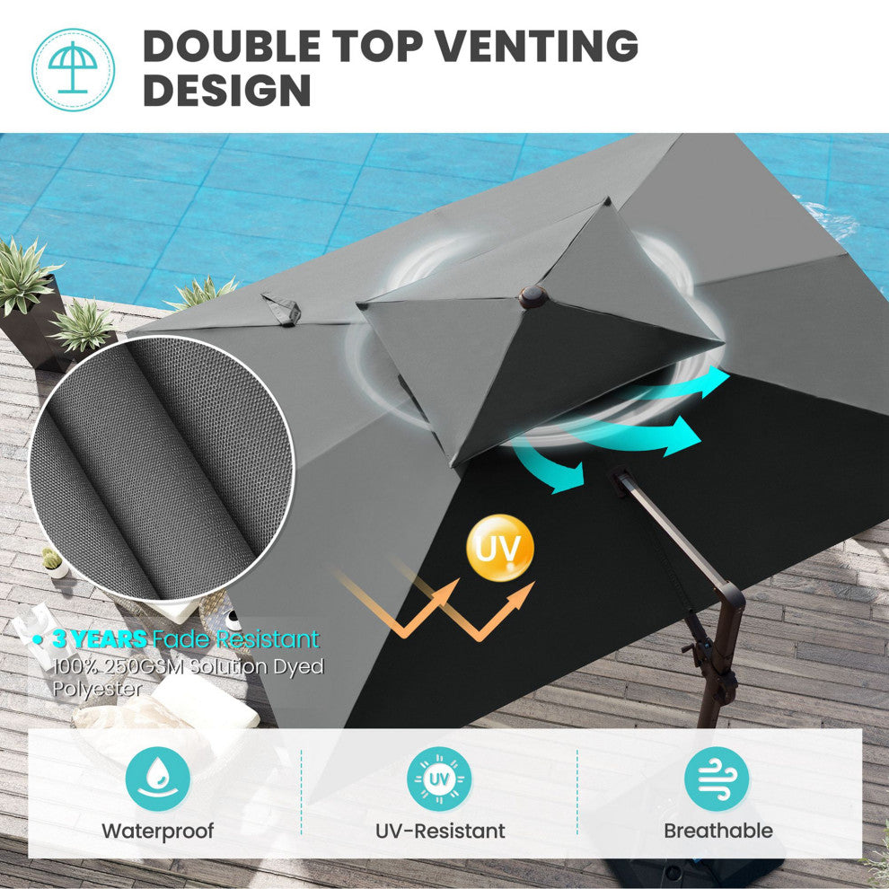 9X 11ft Patio Square Double Top Offset Umbrella Deluxe Cantilever Umbrella, Dark Gray