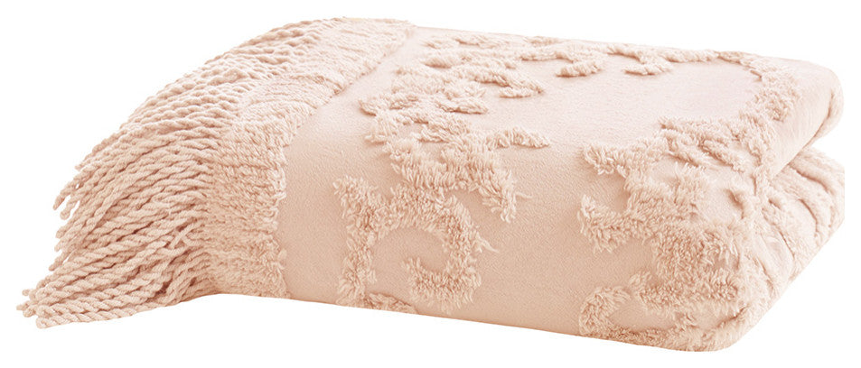 Madison Park Chloe Fringed Tufted Throw Blanket, Boho Pattern, Pink