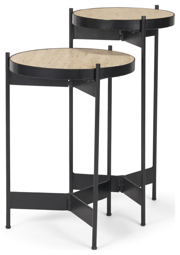Wade Travertine Marble With Matte Black Metal End Tables