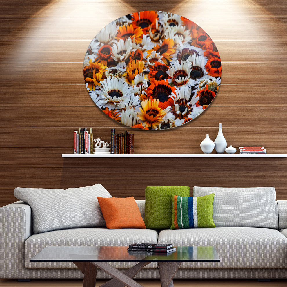 Colorful Sunflowers In Garden, Modern Floral Disc Metal Wall Art, 11"