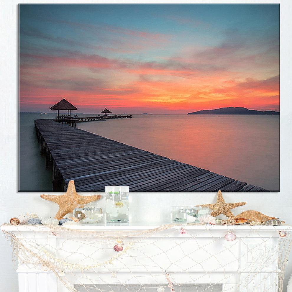 "Gloomy Seashore With Long Wood Pier" Sea Pier Wall Art Canvas Print, 32"x16"