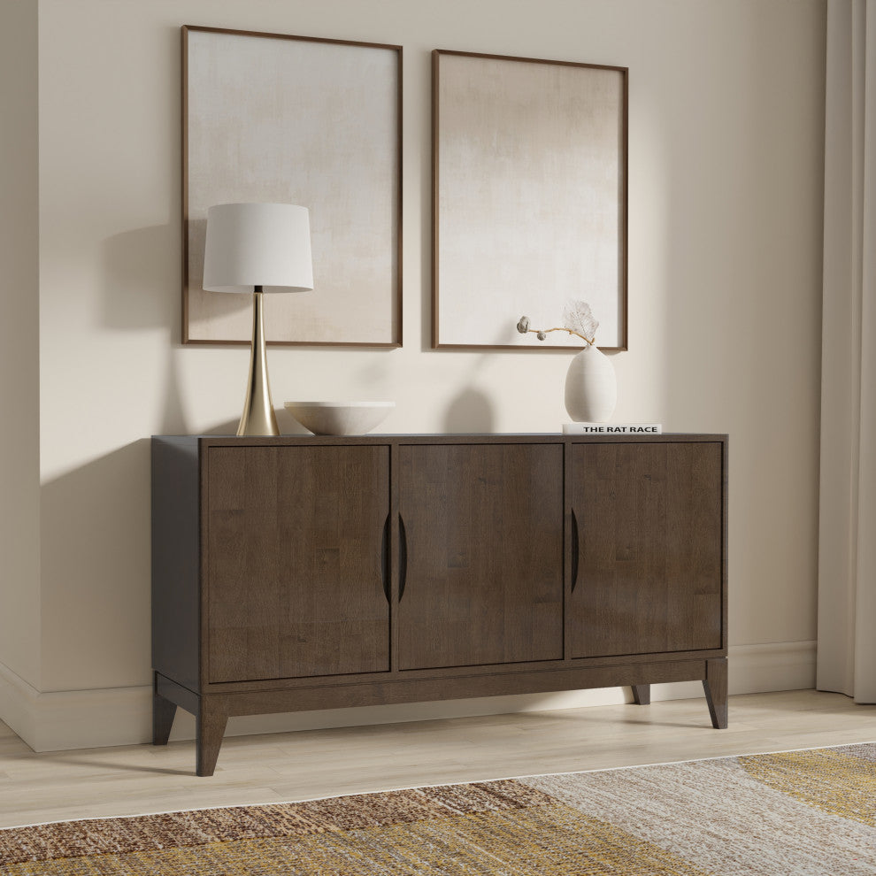 Harper Solid Hardwood 3 Door Sideboard Buffet / Storage Cabinet, Walnut Brown