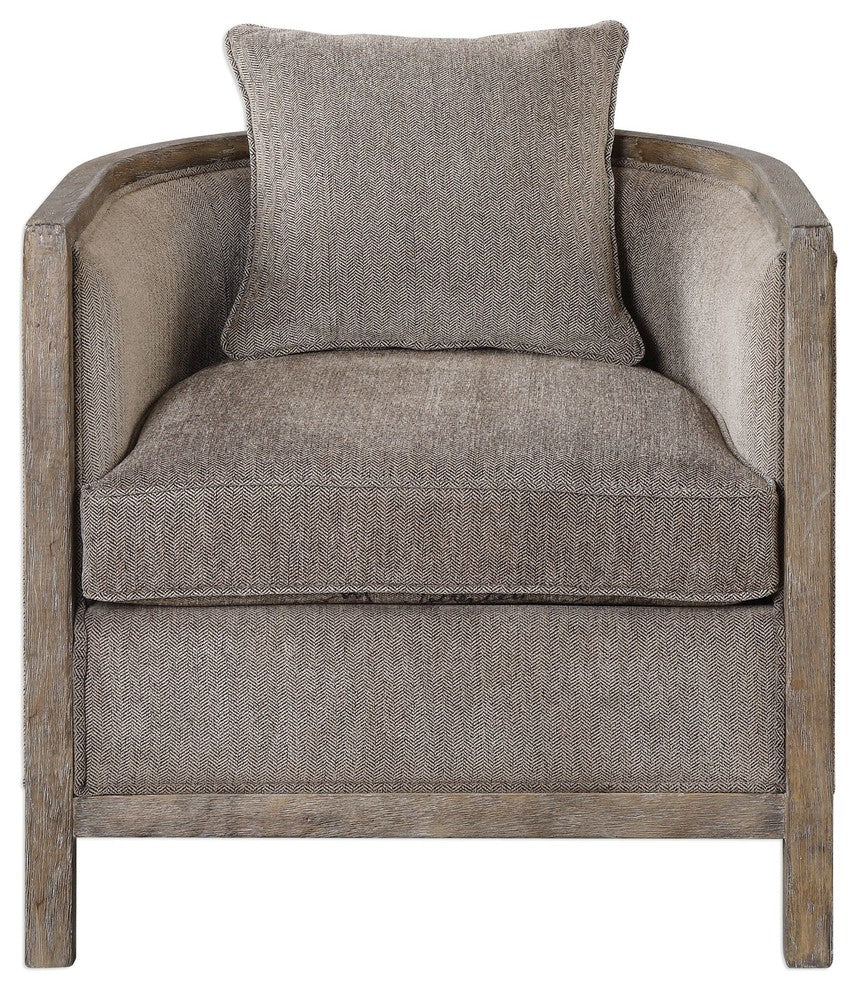 Weathered Wood Gray Chenille Tub Arm Chair, Accent Barrel Round Comfy