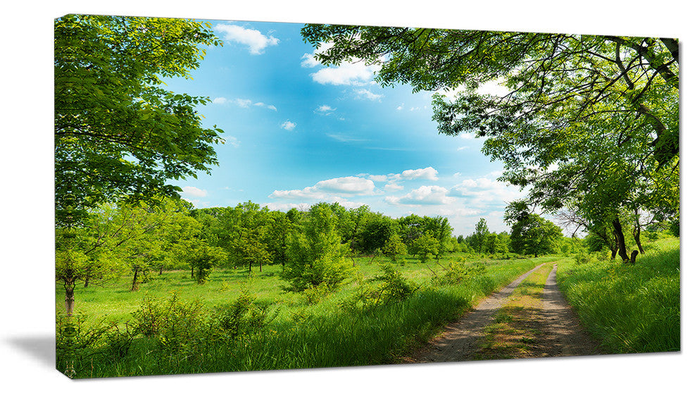 Green Forest Road and Blue Sky, Modern Landscape Canvas Art, 32"x16"