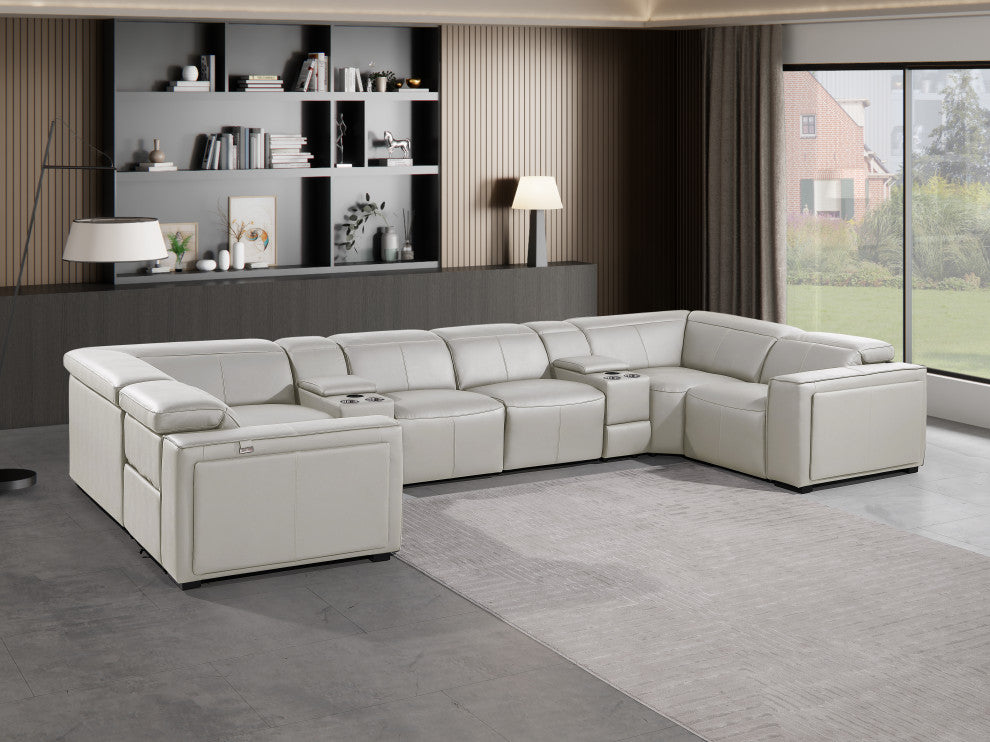 Niccolo Italian Leather 8-Piece U-Shaped 2 Power Reclining Sectional, Light Gray