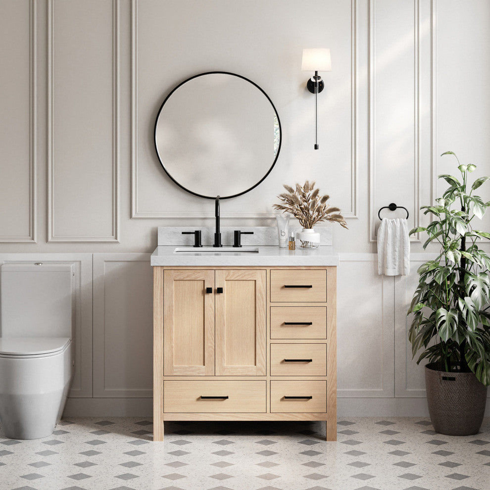 Cambridge 36" Single Bath Vanity With Italian Carrara Marble Top, Oak