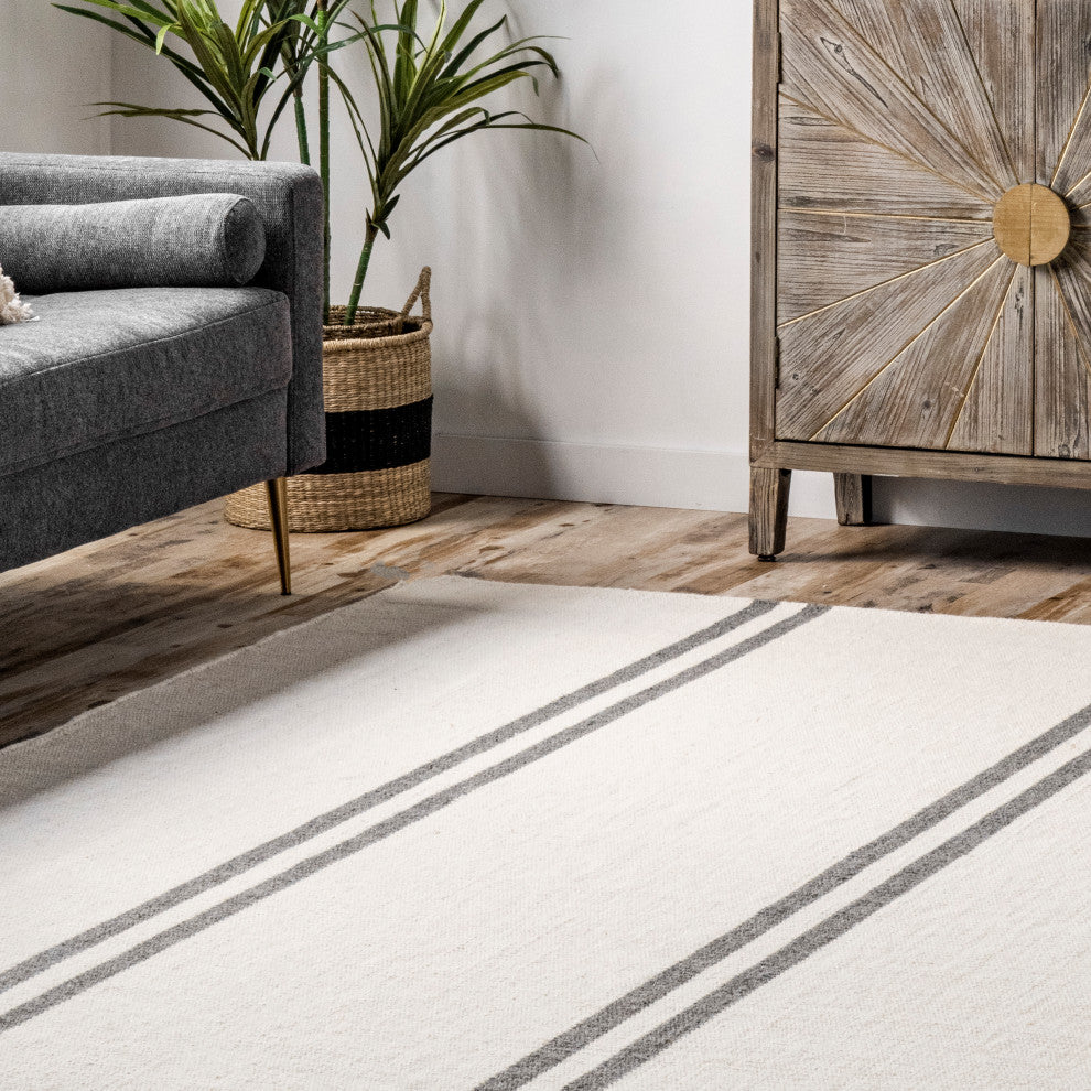 Elowen Double Striped Wool Area Rug, Sage Green 10'x14'