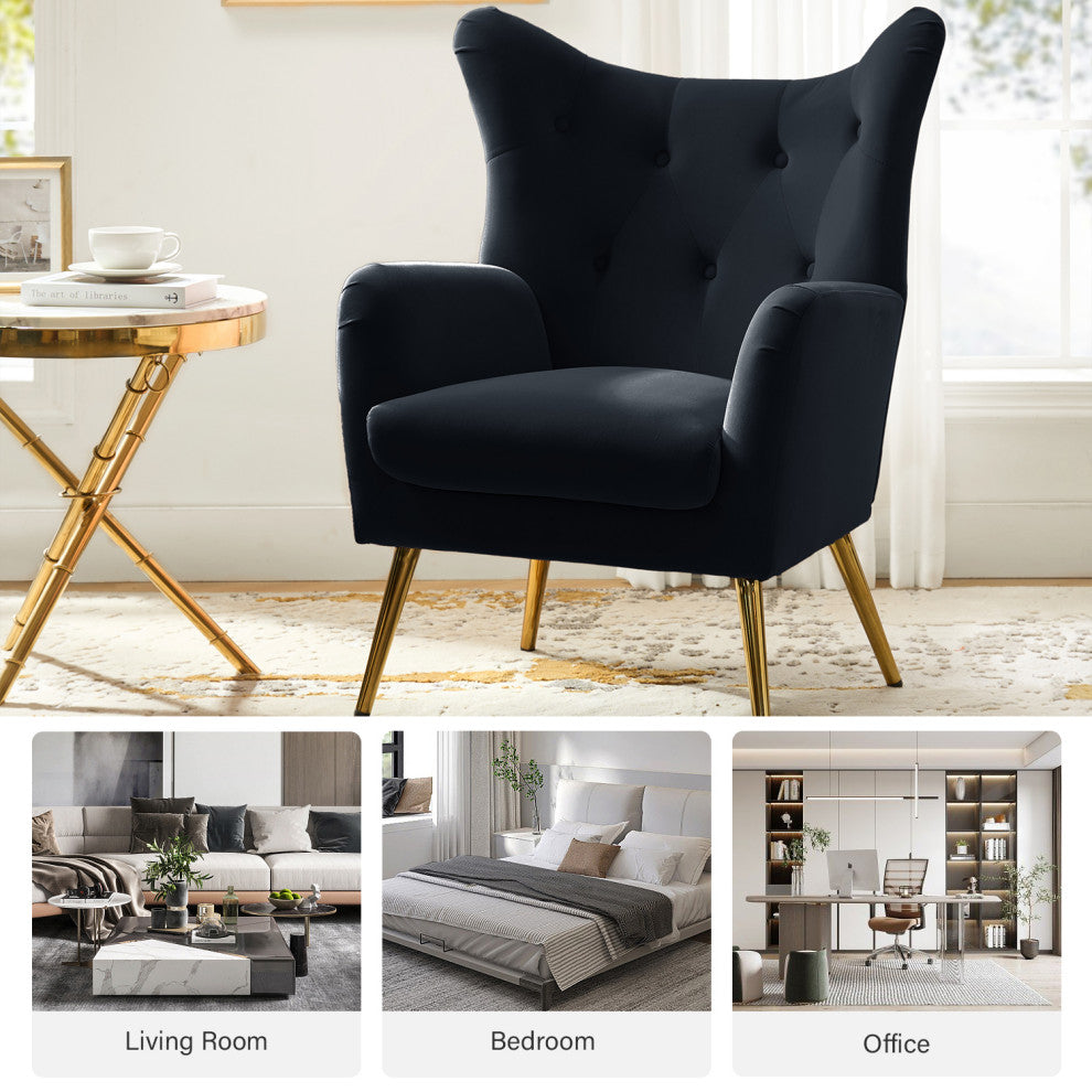 Tufted Accent Chair With Golden Legs, Black