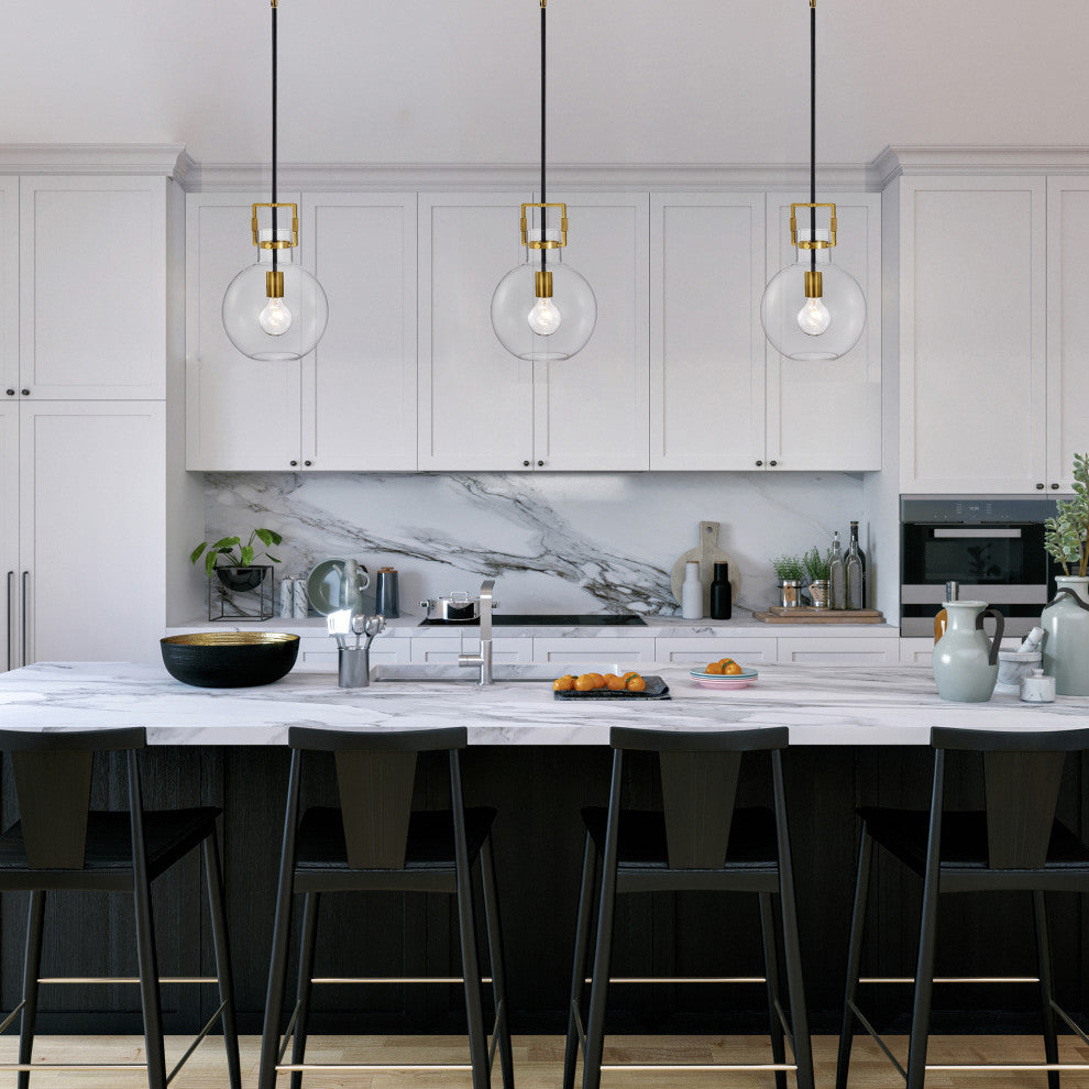 1-Light Black and Antique Gold 10in. Globe Shaped Clear Glass Pendant