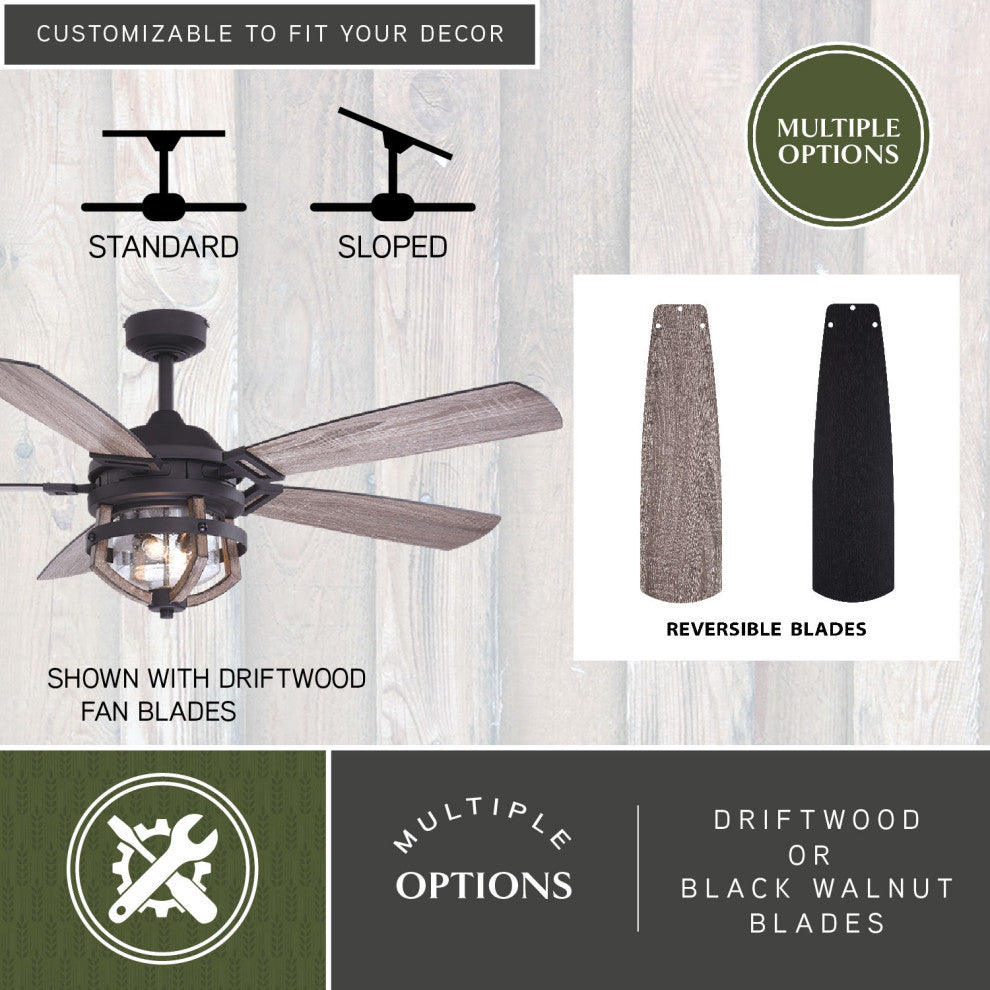 Barnes Matte Black Modern Farmhouse Indoor-Outdoor 54-in. Ceiling Fan Light Kit, Matte Black and Rustic Oak