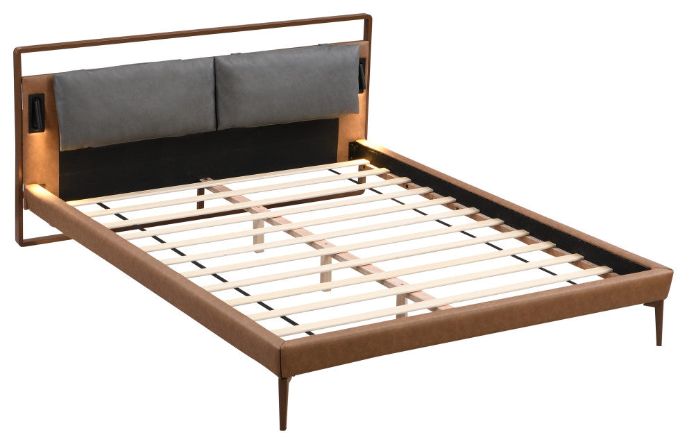 GDF Studio PU Leather Platform Bed With LED Lights, Brown/Gray, Queen