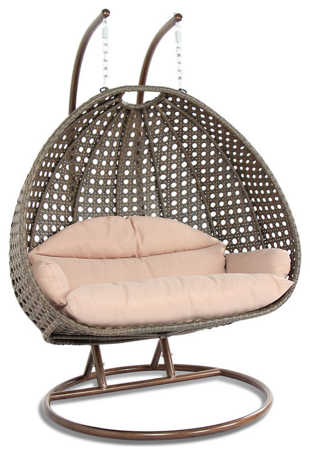 LeisureMod Modern 2 Person Wicker Double Hanging Egg Swing Chair, Beige