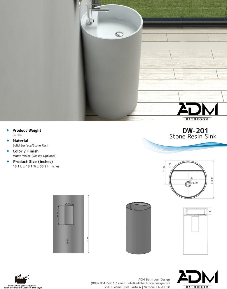 ADM Curved Freestanding Pedestal Sink, White, 18", Matte White