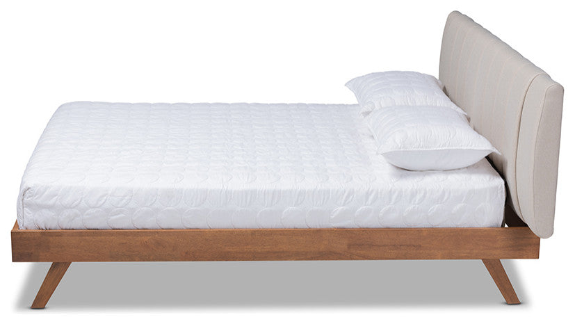 Brita Mid-Century Modern Light Beige Walnuted Wood Queen Size Bed