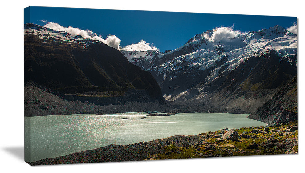 "Frosty Mountains Over Blue Lake" Landscape Art Print Canvas, 40"x20"