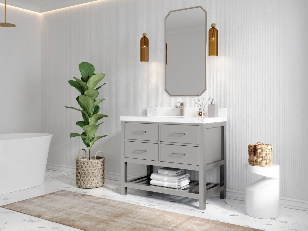 Parker 42" Single Sink Bath Vanity, Elephant Skin Gray 2" Calacatta Nuvo