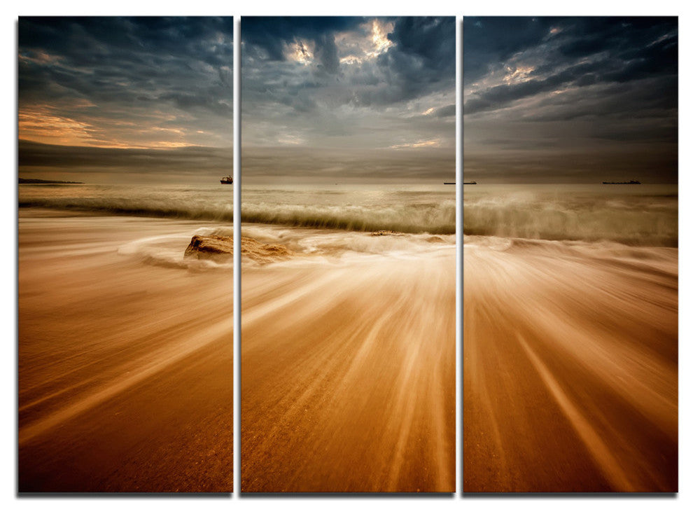 "Stormy Sea With Waves Flowing Out" Beach Metal Wall Art, 3 Panels, 36"x28"