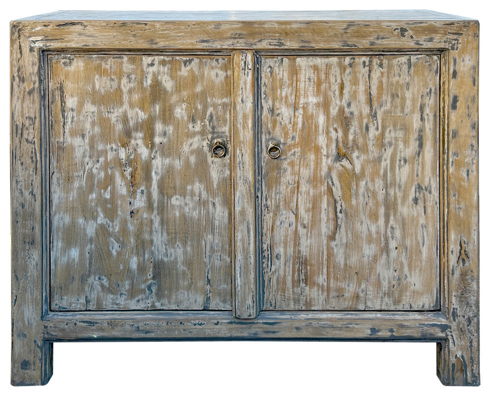 Distressed Tan White 2 Doors Credenza Sideboard Console Table Cabinet