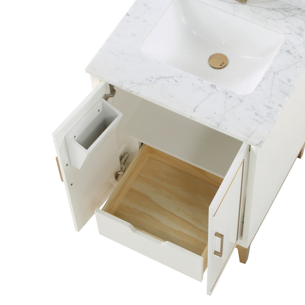 Gracie Bathroom Vanity, Satin White With Carrara Marble, 24"