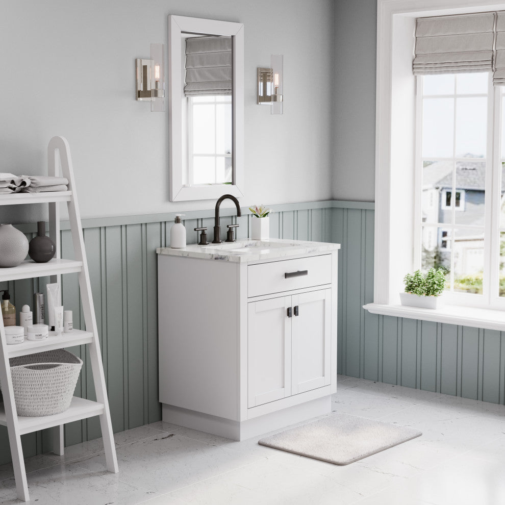 Hartford 30" Single Sink Marble Countertop Bath Vanity, White, Vanity With Mirro