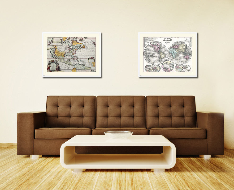 North America Old Map Print On Canvas With Frame Art Collection 16" X 21"