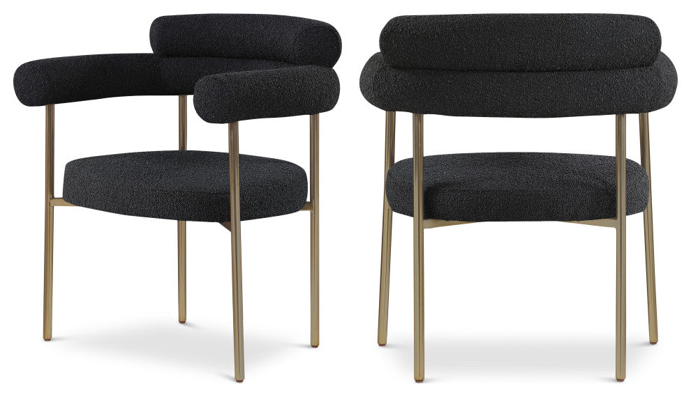 Blake Upholstered Dining Chair, Black, Boucle Fabric, Brushed Brass, Set of 2