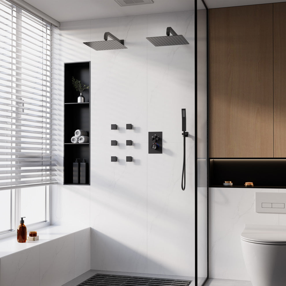12" Dual Heads Shower System with 4 Way Thermostatic Faucet, Matte Black