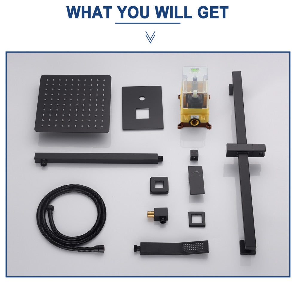 CASAINC 10" Luxury Wall Mounted Shower System Set w Sliding Handheld Rod, Matte Black