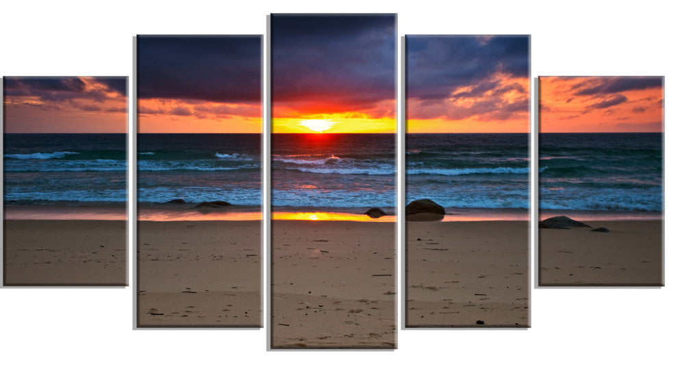 "Dramatic Colorful Sky Over Beach" Seashore Wall Art, 5 Panels, 60"x32"