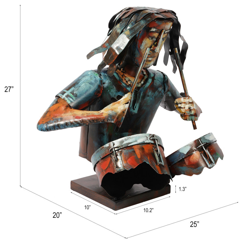 "Homme" Iron Hand-Painted Colorful Art Sculpture, Multi Color, The Drummer