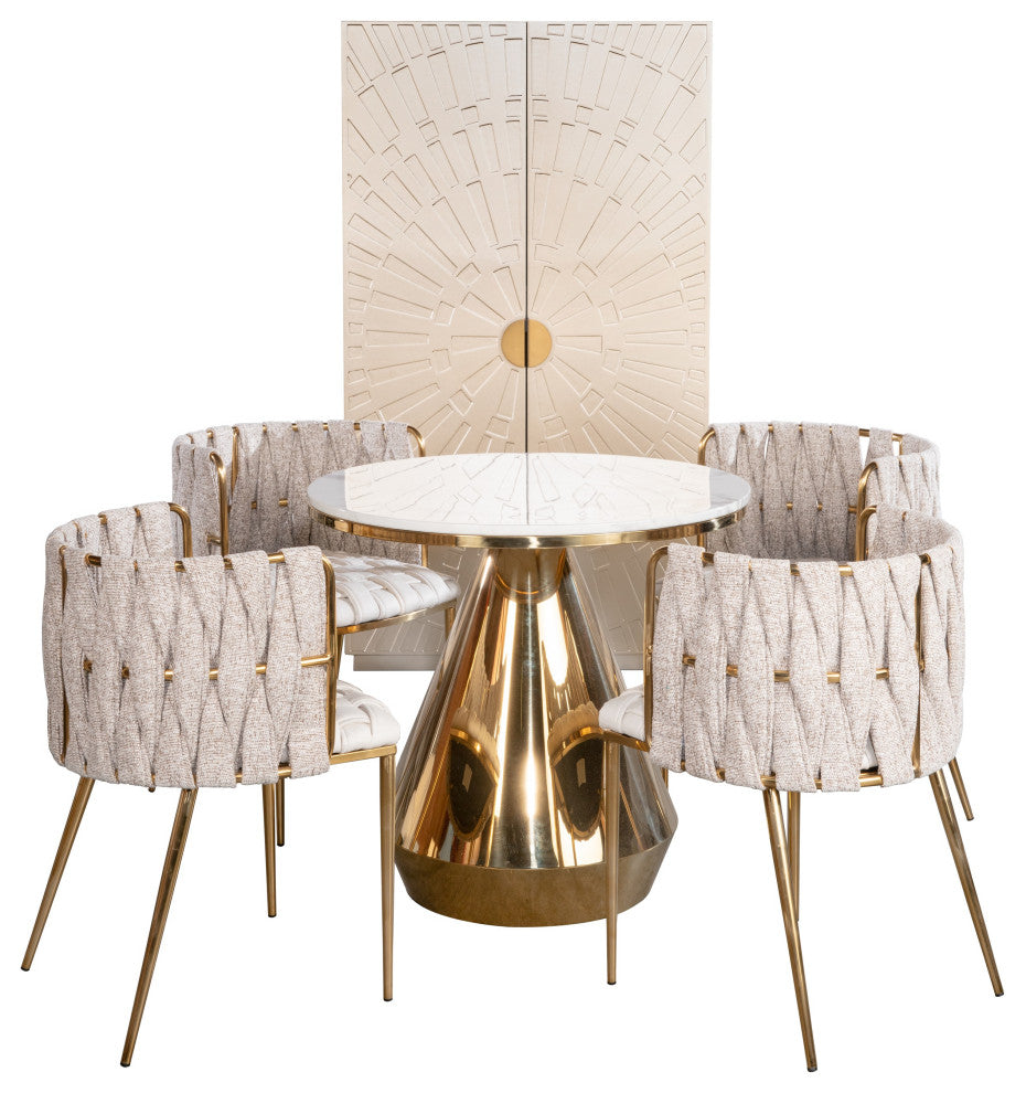 5-Piece Gigi Marble Top Dining Set, Off White Chairs
