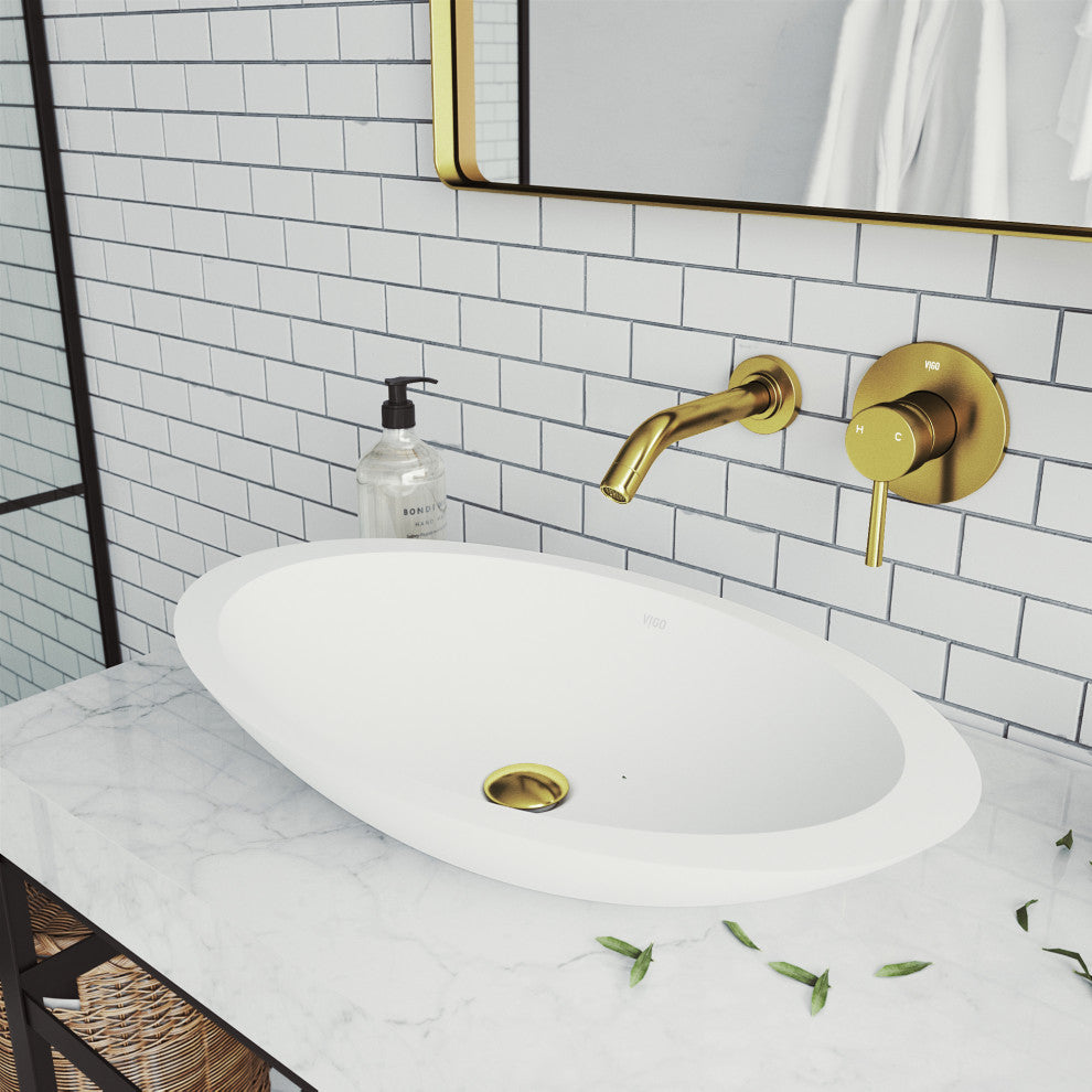 VIGO Olus 5" H Single Handle Wall Mount Bathroom Faucet, Matte Brushed Gold