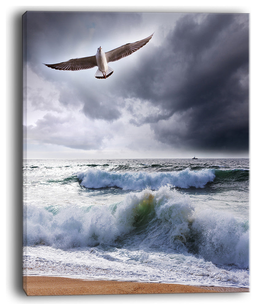 "Large Seagull Over Stormy Waves" Modern Beach Canvas Art Print, 30"x40"