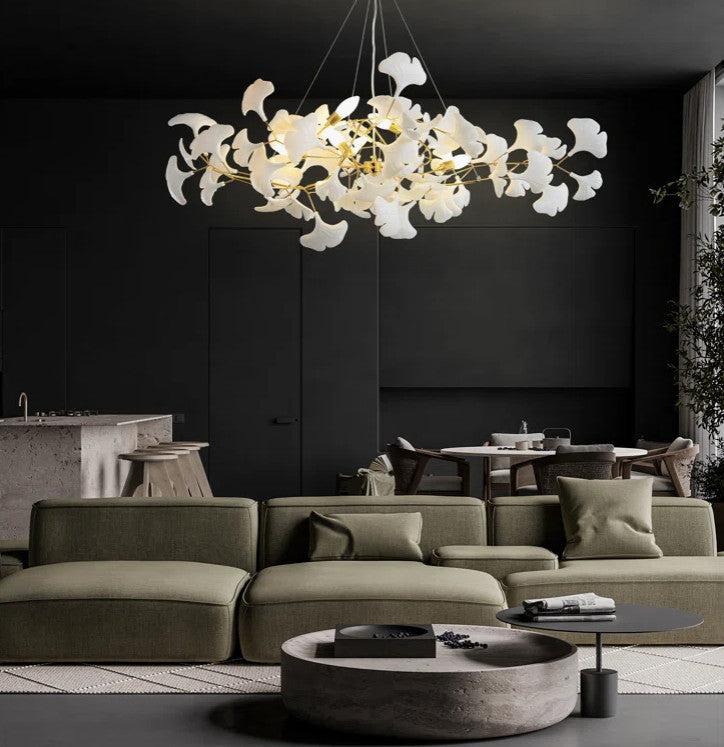 Ceramic Ginkgo Leaf Tree Branch Chandelier Lighting, L32"