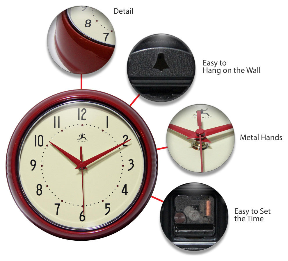 Infinity Instruments Retro Kitchen Vintage 50s Wall Clock, Red