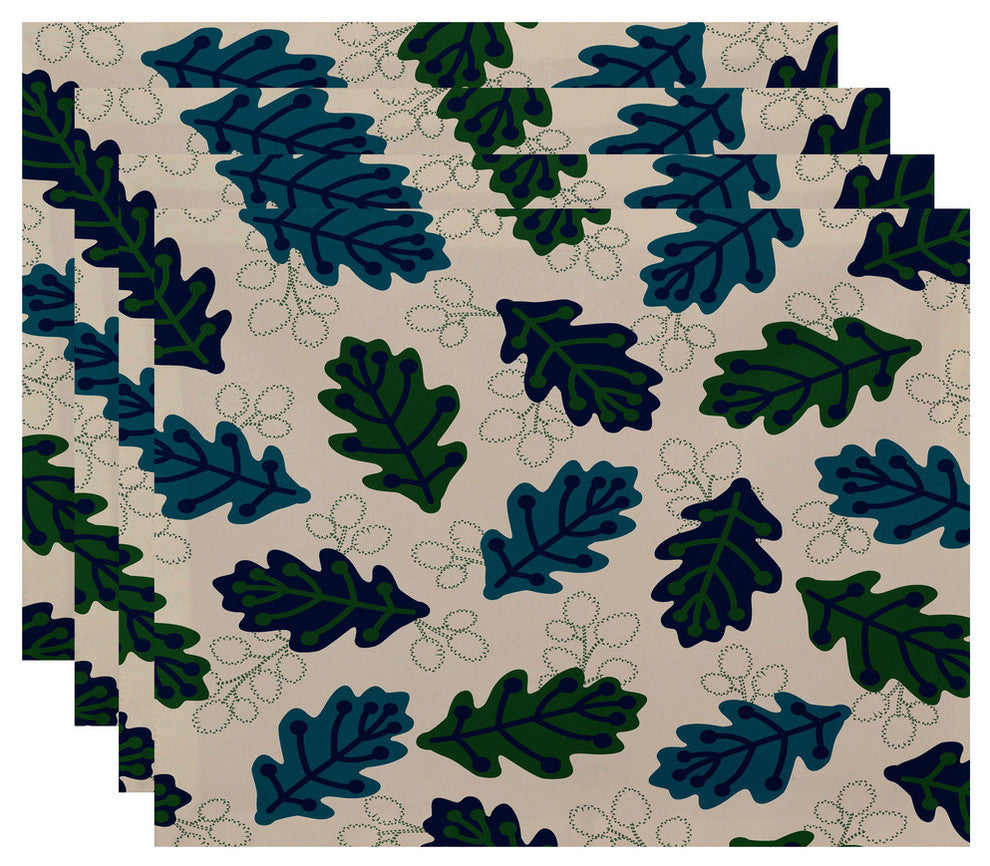 Retro Leaves Floral Print Placemat, Set of 4, Blue