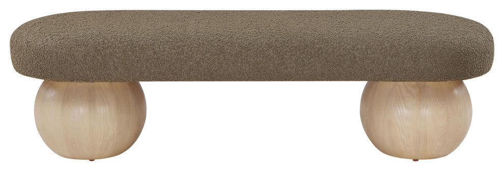 Meridian Furniture Bowie Boucle Fabric Upholstered Bench, Olive, Natural Finish