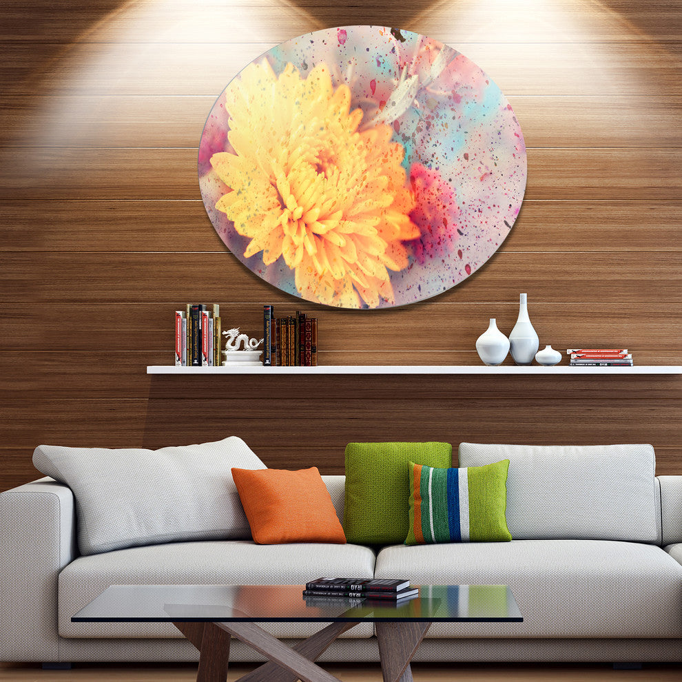 Aster Flower With Watercolor Splashes, Flower Disc Metal Artwork, 36"