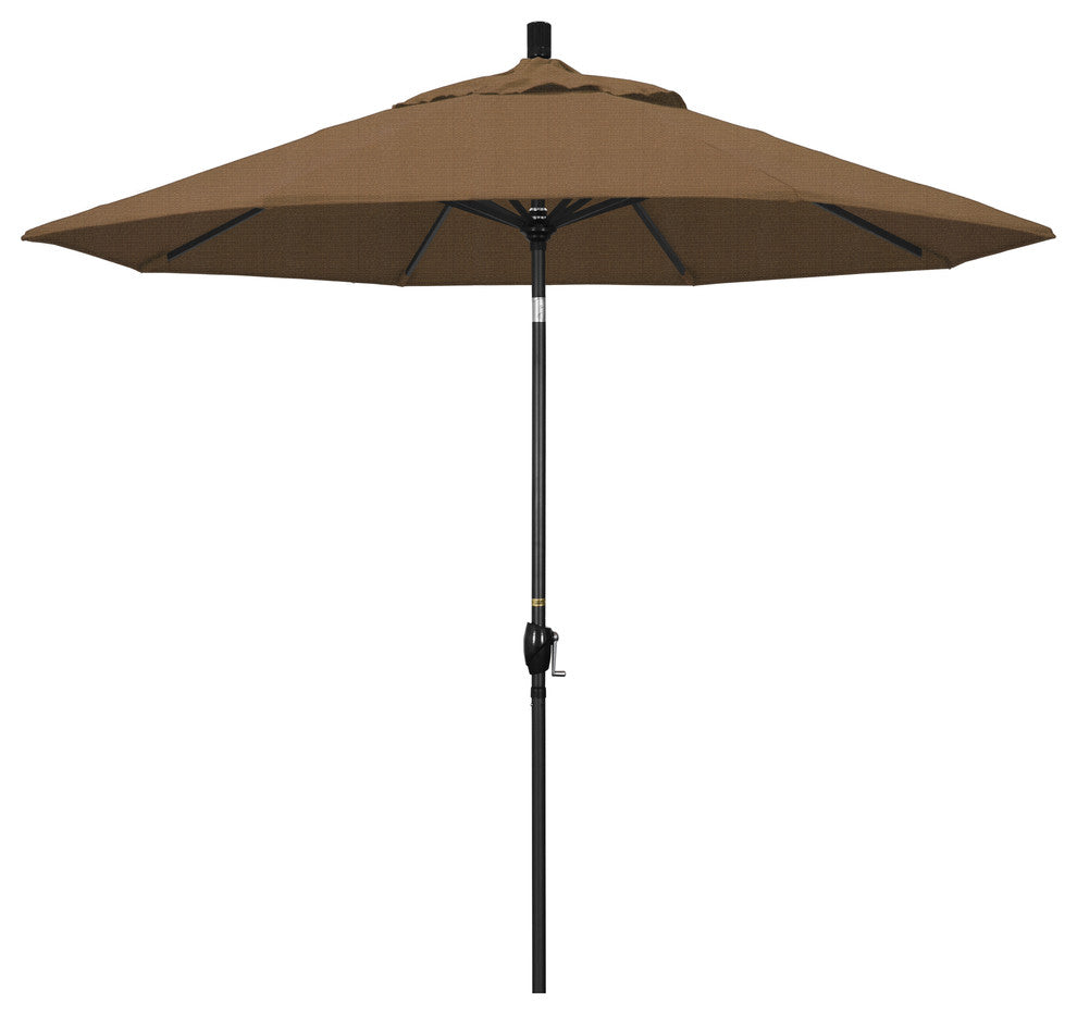 9' Matted Black Push-Button Tilt Crank Aluminum Umbrella, Woven Sesame Olefin