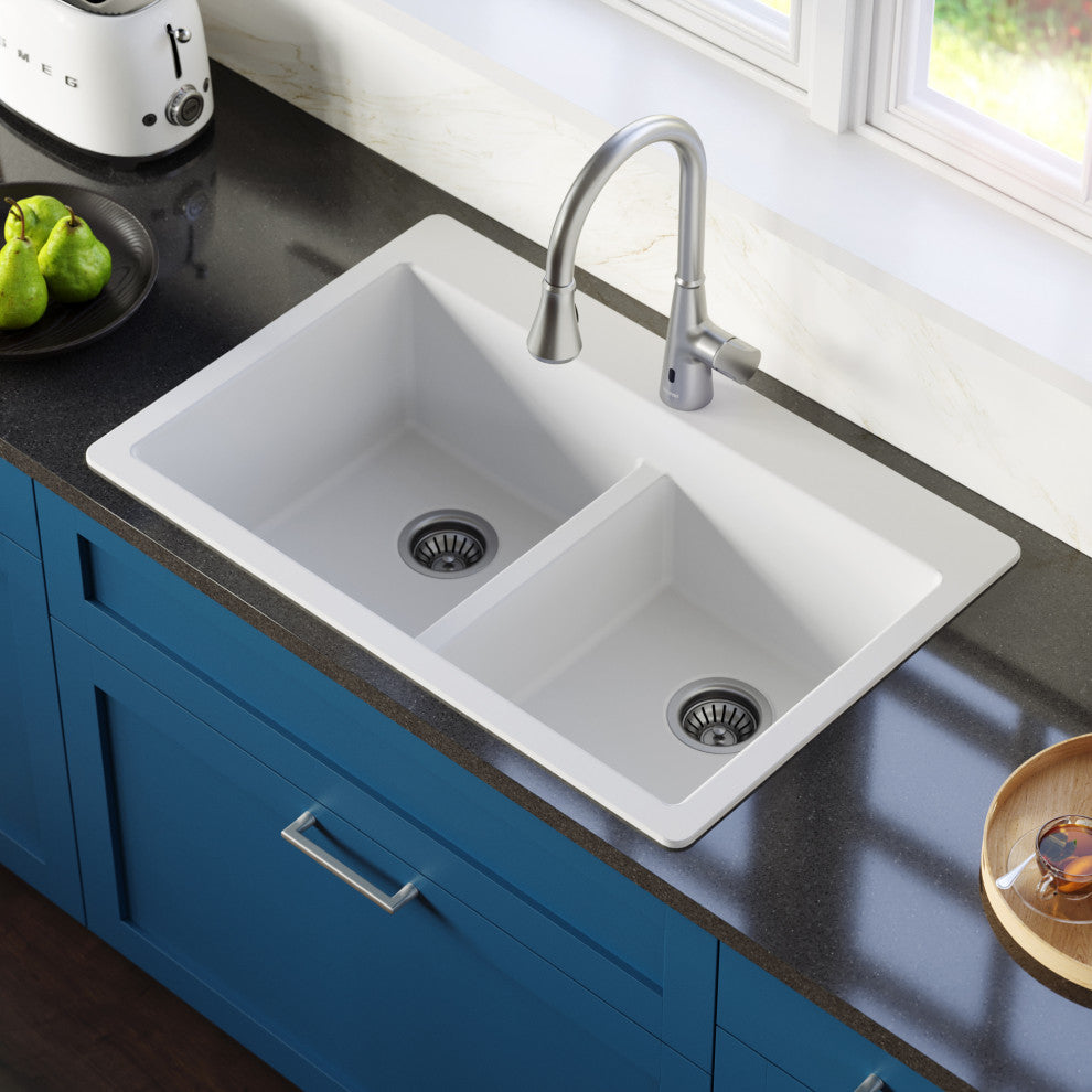 Karran 33" Top Mount Double Equal Bowl Quartz Kitchen Sink Kit, White