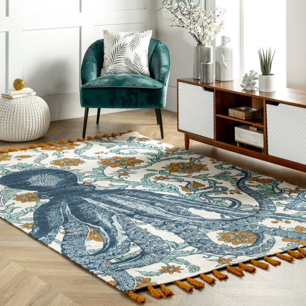 Nuloom Flatweave Cotton Giant Octopus Area Rug, Blue Multicolor 4'x6'