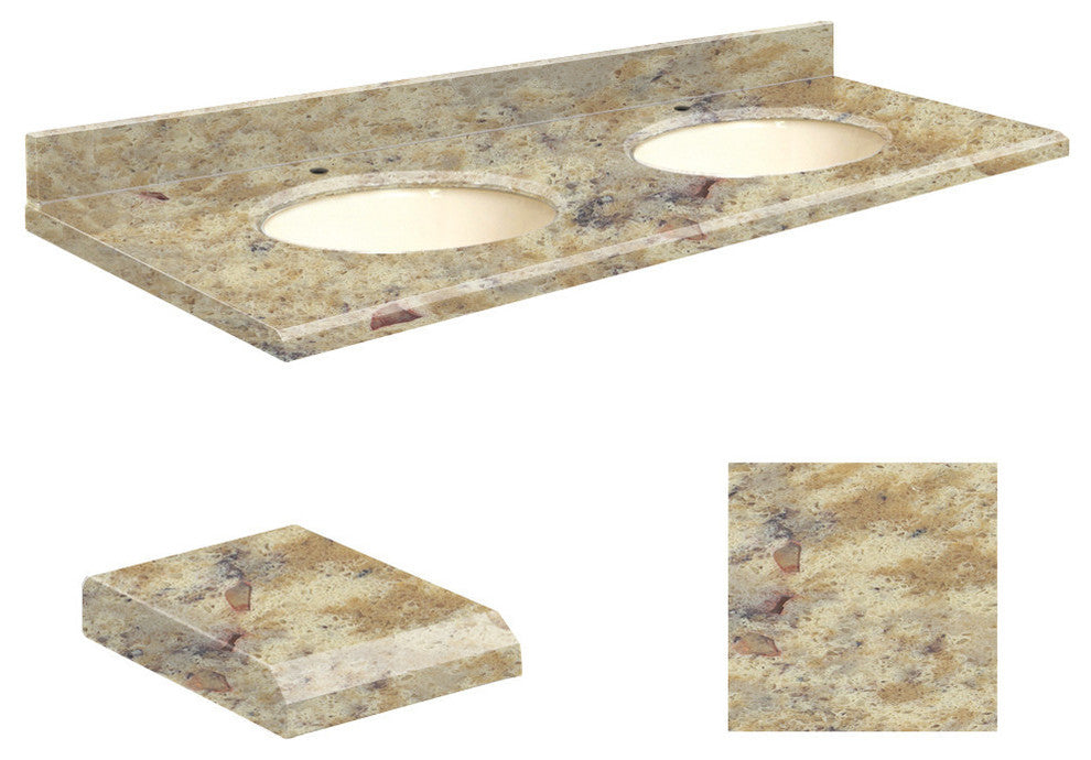 Quartz 61"x22" Double Sink Vanity Top, Single Faucet Hole, Trail, Biscuit Bowl
