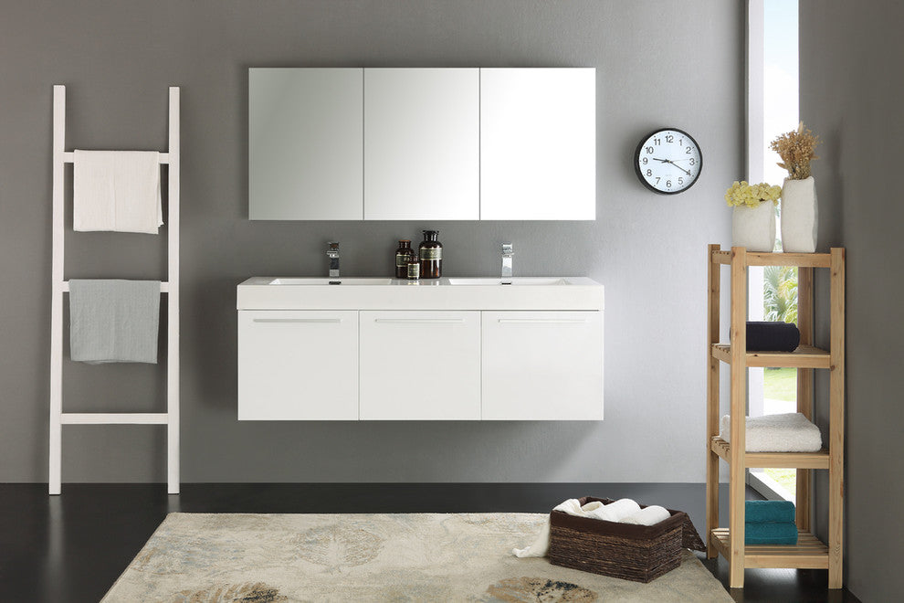 Vista 60" White Wall Hung Double Sink Modern Bathroom Vanity, FFT9151BN