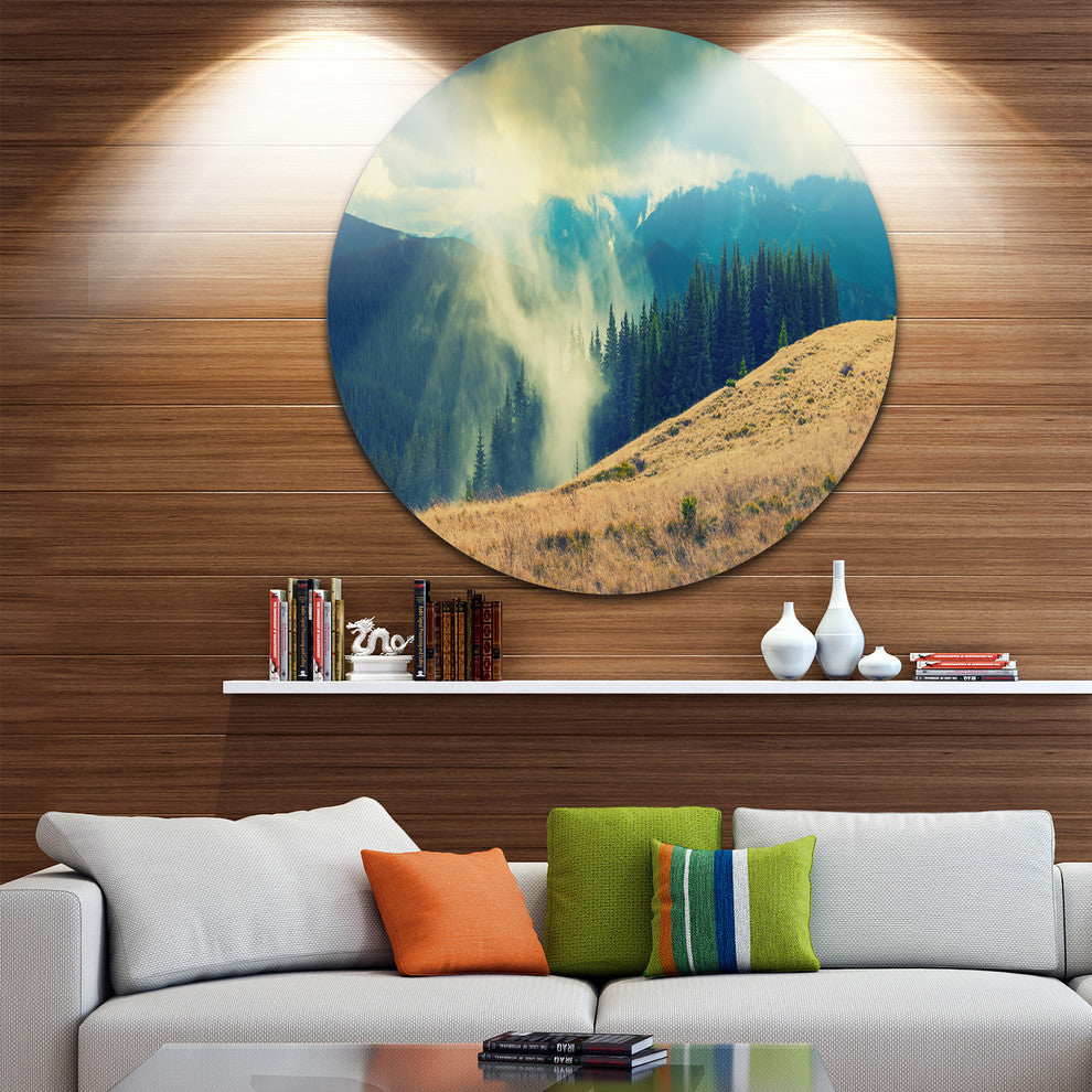 Blue Forest In Fog, Landscape Photo Disc Metal Wall Art, 36"