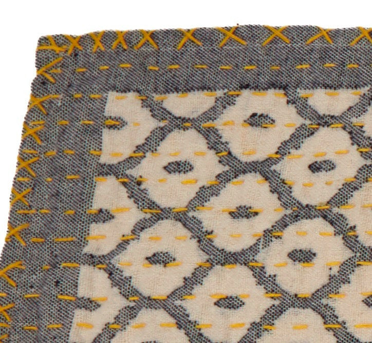 Artisan Hand Loomed Cotton Table Runner, Gray With Yellow Stitching, 18"x96"