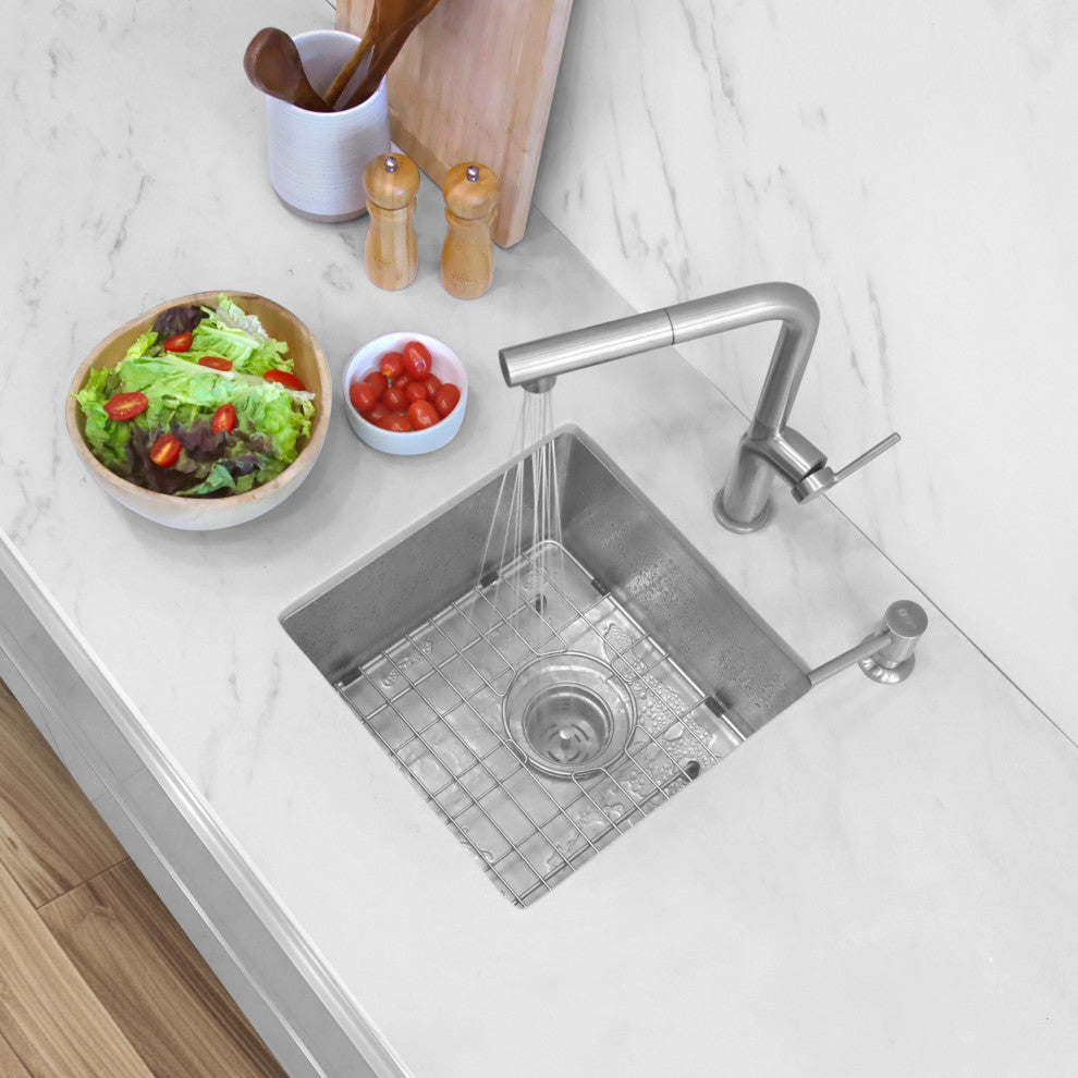 STYLISH 15"L x 15"W Stainless Steel Single Basin Undermount Bar Sink with Grid