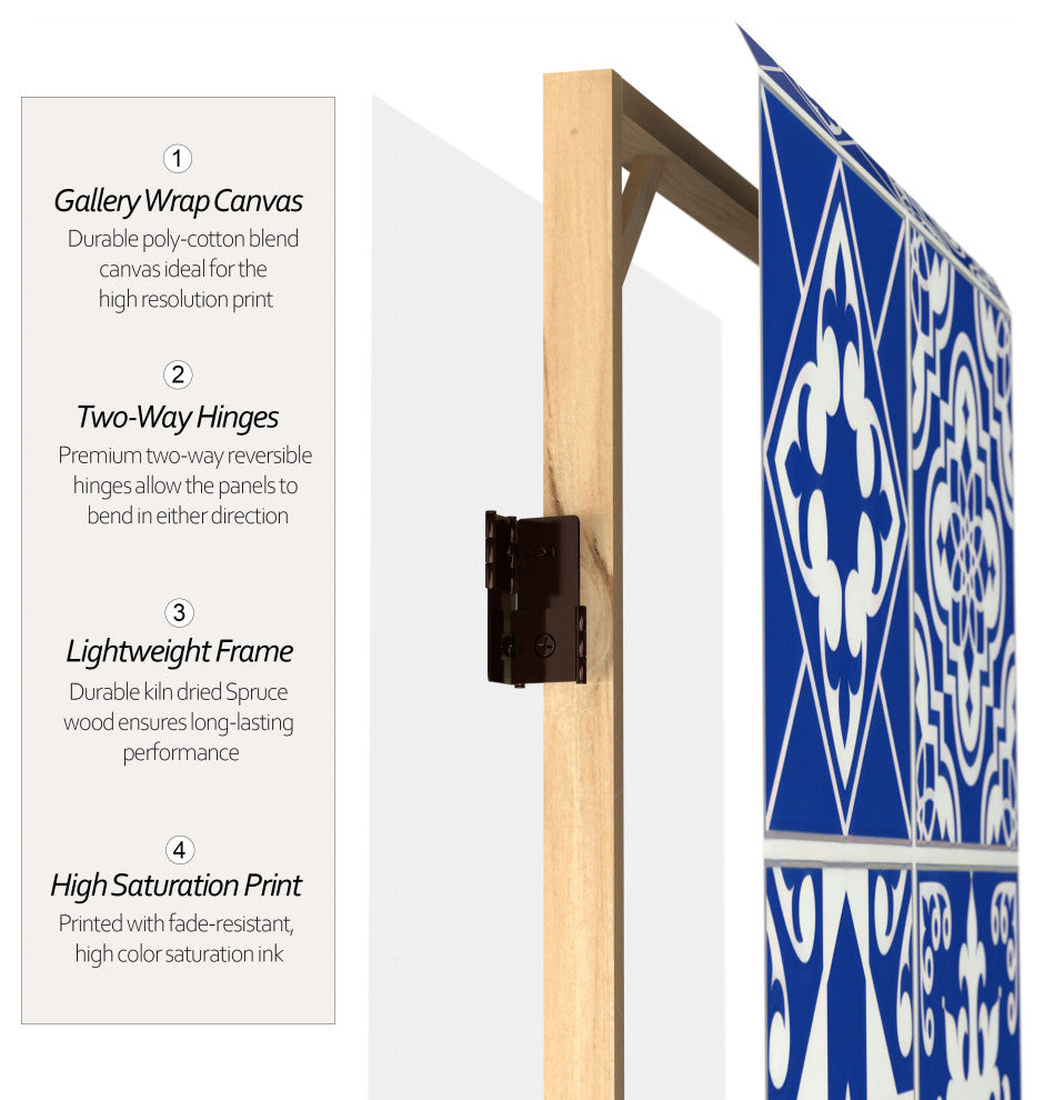 6' Tall Double Sided Blue and White Tile Canvas Room Divider
