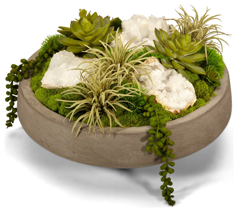 Artificial Succulents and Quartz in Concrete Bowl, White